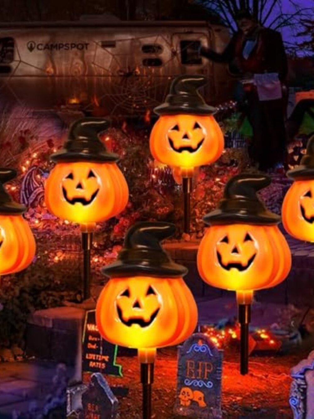 6 Pack Solar Jack O Lantern Stake String Lights -Orange Halloween Pathway Decor